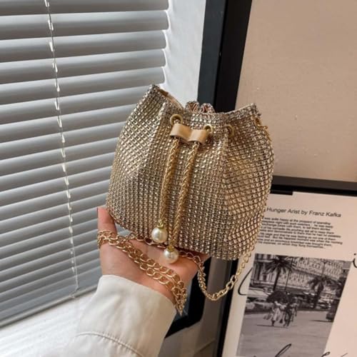 女性用のラインストーンショルダーバッグ パールチェーン付き